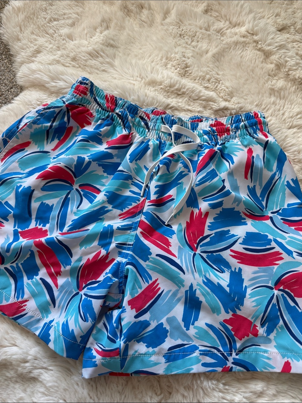 Chubbies-Vibrant Abstract Print Swim Shorts - Blue, Teal & Red